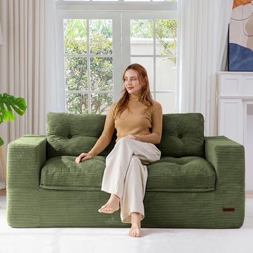 MAXYOYO 63" Boneless Sofa Couch, 2-Seater Cloud Couch Floor Loveseat for Small Space with Pillows, Tufted Floor Sofa with Layered Cushion for Apartment & Lounge, No Assembly Required, Dark Green - color: Puffinest Style Dark Green, size: 63" Loveseat