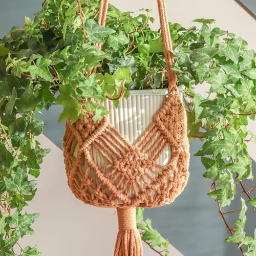 Hanging Planter with Patterns,2Packs Macrame Plant Hangers Indoor Macrame for up to 8 inch Pot Crochet Boho Plant Hanger Holder for Indoor Outdoor with 2S Shaped Stainless Steel Hooks (Caramel) - color: Caramel
