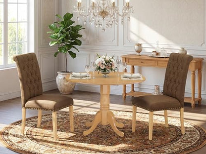 East West Furniture DLBR3-OAK-18 3 Piece Kitchen Table & Chairs Set Contains a Round Dining Table with Dropleaf and 2 Brown Linen Linen Fabric Upholstered Chairs, 42x42 Inch, Oak - color: Dlbr3-oak-18