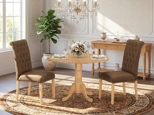 East West Furniture DLBR3-OAK-18 3 Piece Kitchen Table & Chairs Set Contains a Round Dining Table with Dropleaf and 2 Brown Linen Linen Fabric Upholstered Chairs, 42x42 Inch, Oak - color: Dlbr3-oak-18