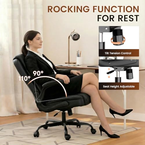 GTPLAYER PU Leather Office Chair, Home Desk Chair with Flip-up Arms, Black | Ergonomic Back, Comfy Executive Chair for Home Office Gaming, Flexible Rocking, Heavy Duty Chairs - color: Black