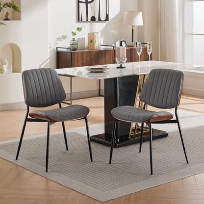 Dining Chairs Set of 2, Mid-Century Modern Upholstered PU Leather Chairs | with Walnut Bentwood Back and Metal Legs Adjustable Feet for Kitchen Dining Living Room, Gray Vertical Stripes - color: Gray Vertical Stripes