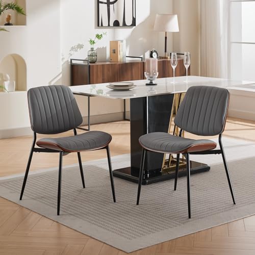 Dining Chairs Set of 2, Mid-Century Modern Upholstered PU Leather Chairs | with Walnut Bentwood Back and Metal Legs Adjustable Feet for Kitchen Dining Living Room, Gray Vertical Stripes - color: Gray Vertical Stripes