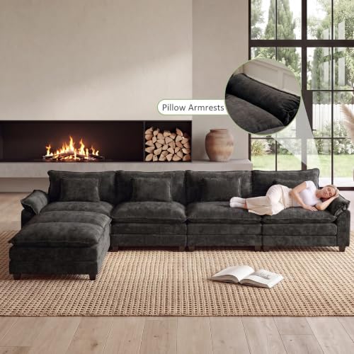 154" Modular Sectional Sofa, Comfy Deep Cloud Couch with Ottoman | U-Shaped Couches for Living Room, Modular Couch, Deep and Wide Seat, Chenille Sofa Sleeper with Throw Pillows, Black - color: Black, size: 154 Inch U