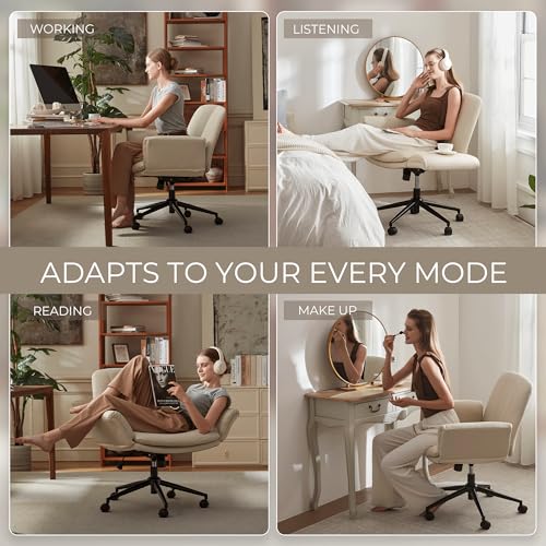 Dowinx Criss Cross Chair with Five-Level Adjustable Arms and Wheels - Comfortable Ergonomic PU Leather Swivel Vanity Chair - Computer Makeup Gaming Chair for Home Office, Bedroom, Vanity Room (Cream) - color: Cream