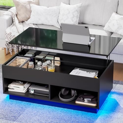 HOMMPA 40" Modern LED Coffee Table with Storage for Living Room, Lift Top Coffee Table with 2 Shelves, High Glossy Wooden Dining Table, Multifunctional Furniture for Bedroom Home Office, Black - color: Black, size: 2 Shelves