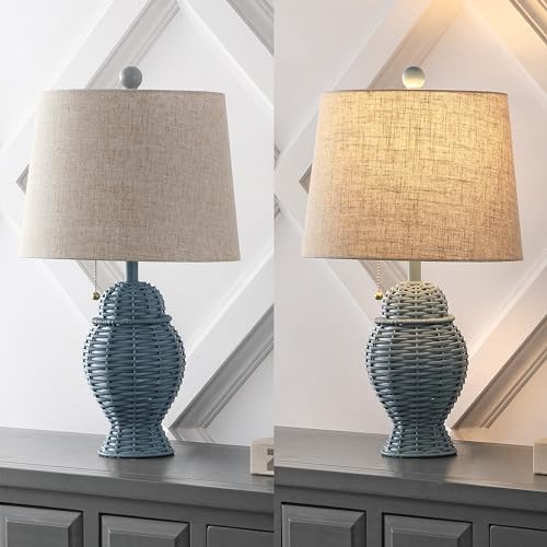 JONATHAN Y 20.5" Wicker Table Lamp, Blue with Beige Shade, Set of 2 | Margie Bohemian Rustic Farmhouse Coastal Urn Rattan Metal, Pull Chain Switch, Linen, LED Bulbs Included - color: Blue
