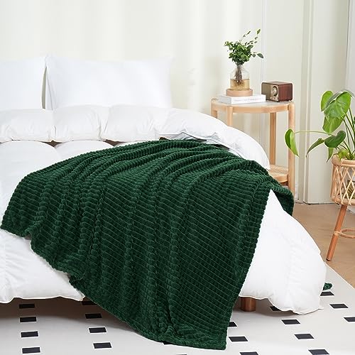 Puncuntex Fleece Throw Blanket Dark Green 90"×90" with Square Grid Design | Super Soft Plush Cozy Flannel Throw Blanket Luxury for Couch Sofa Chair - color: Dark Green, size: 90"×90"