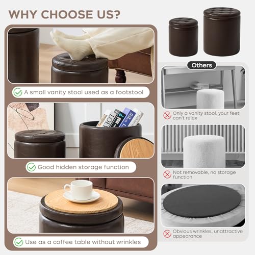 oakvivo Round Set of 2 14.76" L x 14.76" W x 17.32" H Faux Leather Ottoman with Storage, Small Foot Rest Storage Ottomen with Lid Living Room, Bedroom Vanity Stool Chair, Coffee - color: Coffee