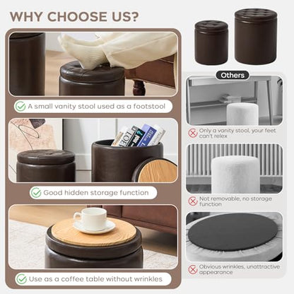 oakvivo Round Set of 2 14.76" L x 14.76" W x 17.32" H Faux Leather Ottoman with Storage, Small Foot Rest Storage Ottomen with Lid Living Room, Bedroom Vanity Stool Chair, Coffee - color: Coffee