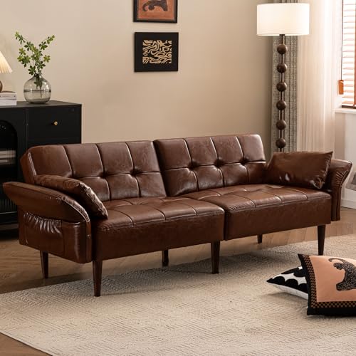 HALLYBEE 85" Futon Faux Leather Couch with Adjustable Armrests Red Brown | Futon Sofa Bed, Sleeper Sofa, Small Couch with Pillows, Side Pockets, Mid Century Modern, Living Room, Bedroom, Apartment - color: Red Brown