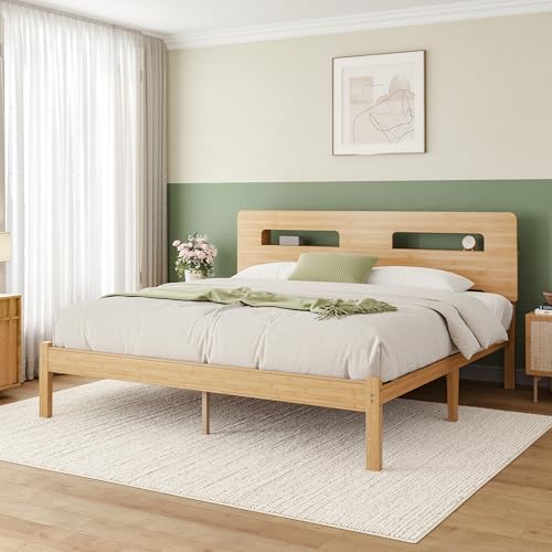 Solid Bamboo Wood King Size Bed Frame with Storage Headboard, 14 inch Platform King Bed Frame No Box Spring Needed with Steel Slats, Sturdy and Stable, Easy Assembly, Noise Free - color: Natural, size: King (U.S. Standard), style: 14 INCH