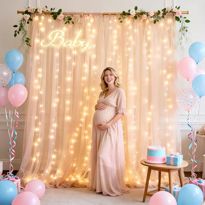 Ledido 10×8ft Beige Tulle Backdrop Curtains with Lights(8 Panels 5×8ft) - color: Beige, size: 40×8ft(8 Panels 5×8ft)
