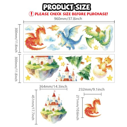 Cartoon Dragon and Castle Wall Decals, Wall Stickers Decor | 2 Sheets 11.8"x37.8" Vinyl Removable Peel and Stick Murals, Plant Decor for Bedroom, Bathroom, Office, Classroom & Home - style: Cartoon Dragon and Castle