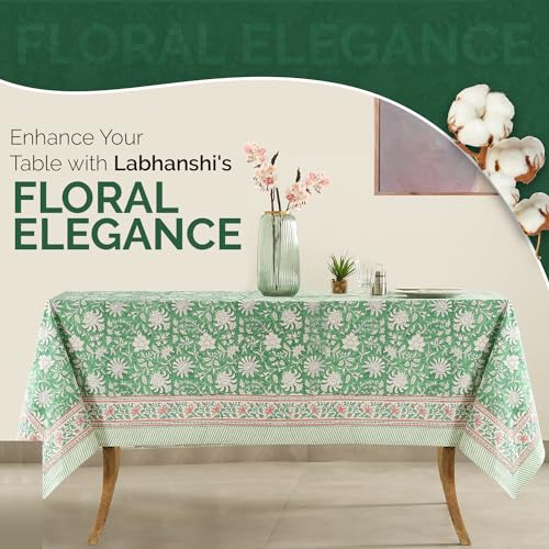 Labhanshi Indian Block Print Table Cloth-Floral Handmade Cotton Rectangle Linen Tablecloth 72x108 Inch|St. Patrick Party Birthday Mother's Day Table Cloth|8 Seater Camping Table Cover|Green Leaf - color: Green Leaf, size: 108" x 72" (Rectangular)