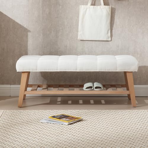 Kmax 45" Entryway Bench with Shoe Storage, Beige | Tufted Upholstered Design, with Shoe Storage Shelf , Sturdy Wooden Frame, linen fabric, for foyer Hallway - color: Beige