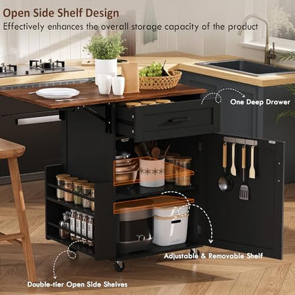 39.3" Farmhouse Kitchen Island with Drop Leaf and Open Side Rack, Small Kitchen Rolling Cart with Drawer and Storage Cabinet, Mobile Dining Table with Lockable Wheels and Towel Rack for Garden Black - color: Black