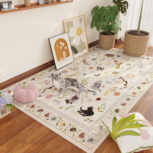 Rugcomf Bedroom Rug 3x5 Rug Washable Area Rug Non Slip Low Pile Boho Floral Animal Cat Small Carpet for Bedroom Bedside Kitchen Entryway Kids Room Office College Dorm Essentials for Girls, Beige - color: Beige/Cat, size: 3' x 5' (Rectangular)