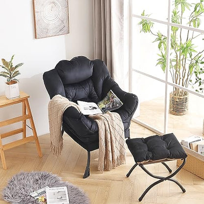 Lazy Chair with Ottoman, Comfy Accent Reading Chair, Velvet Black | Foldable Footrest,Removable Cover,with Armrests and Side Pockets,Upholstered Lounge Chair for Bedroom,Dorm,Office,Small Space - color: Velvet Black