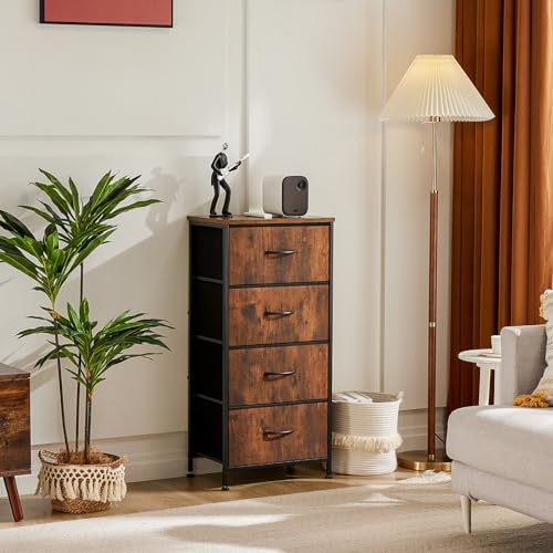 DUMOS Nightstand, Bedside Table with 4 Fabric Drawers | Night Stand with Removable Bins, Sturdy Steel Frame Wood Top, Organizer Furniture for Bedroom Closet, Living Room, Brown - color: Brown, size: 11.8"D x 17.7"W x 37.4"H (4 Drawers)