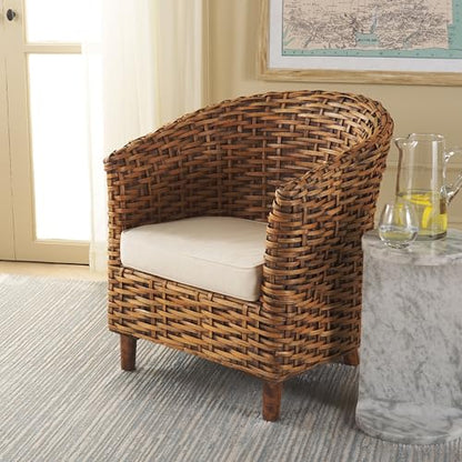 SAFAVIEH Home Collection Omni White/Honey Dark Brown Rattan Barrel Chair - color: White/Honey Dark Brown