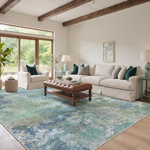 BEIMO Area Rugs 9x12 for Living Room, Blue Green Washable Abstract Rug | Modern Abstract Rug Soft Low Pile Non Slip Bedroom Dining Room Office Large Carpet, Easy Care Vacuum Friendly - color: Aquamarine/Blue Green, size: 9' x 12' (Rectangular)