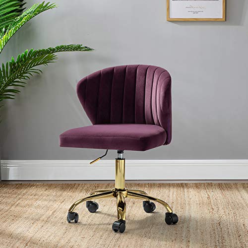 TINA'S HOME Office Desk Chairs with Wheels & Gold Base, Modern Velvet Cute Armless Office Chair, Adjustable Low Back Swivel Rolling Chair, Upholstered Task Chair for Living Room Vanity Study-Purple | Modern Velvet Cute Armless Office Chair, Adjustable Low