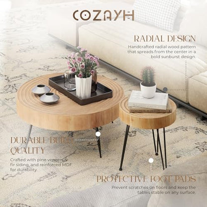 COZAYH 2-Piece Round Nesting Coffee Table Set, Natural Wood Top with Black Metal Legs, Ring Pattern – Rustic Farmhouse Accent for Living Room or Bedroom – Space-Saving Modern Furniture - color: Ring Pattern