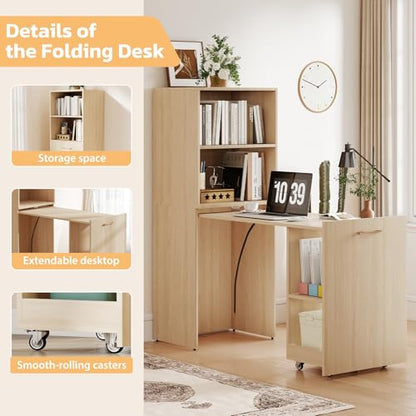 Zevemomo Folding Desk, Convertible Table with Shelves & Wheels - Beige | Folding Desk with Storage, Craft Cabinet with Fold Out Table, Compact Computer Desk for Small Space, Reversible L Shaped Desk - color: Beige
