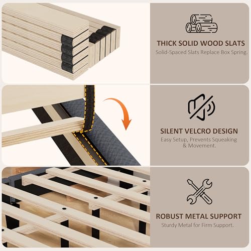 King Size Bed Frame with Upholstered Headboard, Platform Bed with Soft Linen Adjustable Headboard | Classic Elegant Studded Design | Wood Slats | No Box Spring Needed, King Bed Frame Dark Grey - color: Dark Grey, size: King (U.S. Standard)