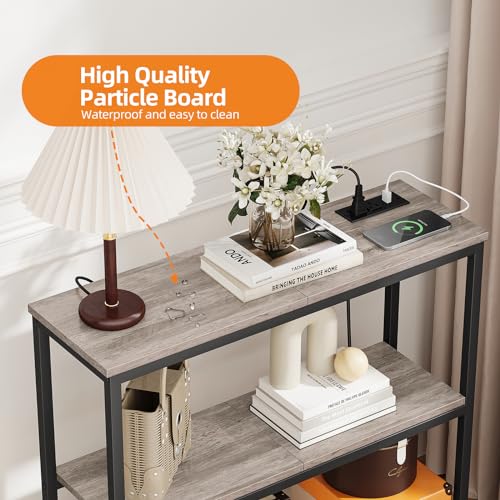Snughome Console Table with Power Outlets, Entryway Table with Storage, Narrow Sofa Table with 3 Tier Shelves, 2 USB Ports, 2 Power Outlets, Hallway Table for Couch, Living Room, Entrance, Grey - color: Grey