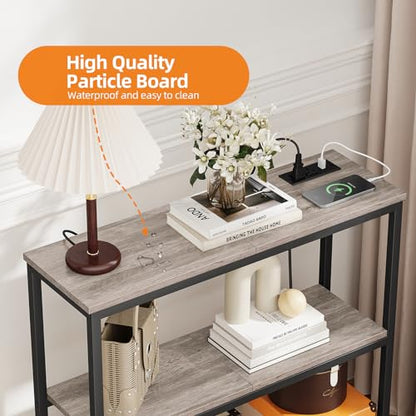 Snughome Console Table with Power Outlets, Entryway Table with Storage, Narrow Sofa Table with 3 Tier Shelves, 2 USB Ports, 2 Power Outlets, Hallway Table for Couch, Living Room, Entrance, Grey - color: Grey
