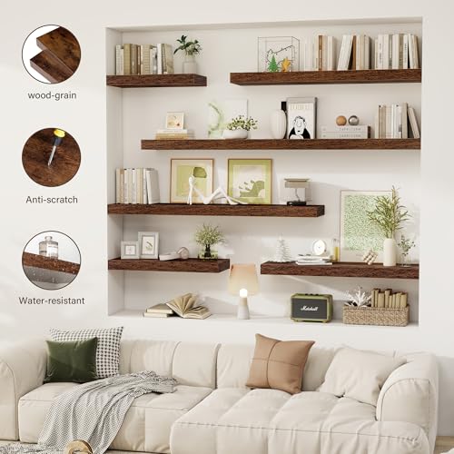 Acovy 30 Inch Floating Shelves, 12" Deep Floating Shelf Wall Mounted, 30" Wall Shelves, Rustic Deep Bookshelf, Extra Deeper & Thicker Display Shelves for Bedroom, Living Room, Brown, Set of 2 - color: Brown, size: 12"Wx30"L-2pcs