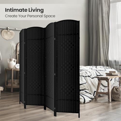 4 Panel Folding Room Divider,Woven Privacy Screen,Black | Solid wood frame, handcrafted diamond pattern, 6FT tall, extends to 63 inches wide, no assembly required - color: Black, size: 4-Panel