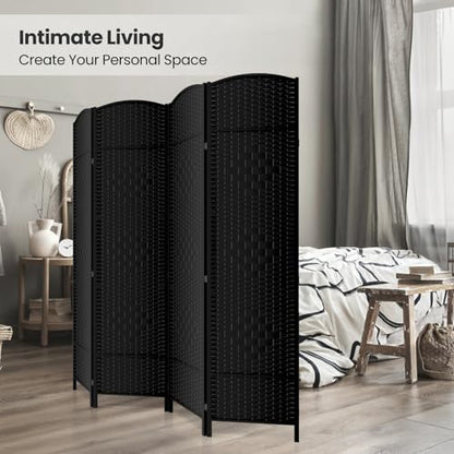 4 Panel Folding Room Divider,Woven Privacy Screen,Black | Solid wood frame, handcrafted diamond pattern, 6FT tall, extends to 63 inches wide, no assembly required - color: Black, size: 4-Panel