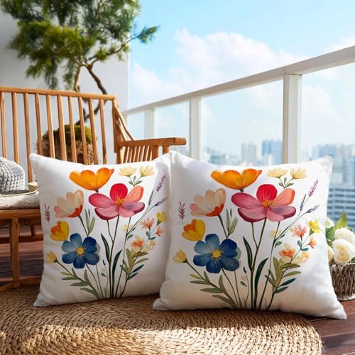 Firmiso Spring Floral Throw Pillow Covers 18x18 Set of 2 | Watercolor Decorative Cushion Covers for Sofa Couch Bed | Fresh Botanical Home Decor Pillow Cases | Orange Pink Blue Accent - color: Spring Floral