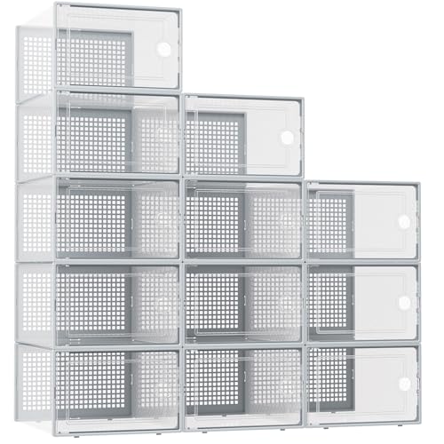 Kuject XX-Large Shoe Storage Boxes 12 Pack, Clear Stackable Shoe Organizer | Shoe Case for Closet, Entryway & Under-Bed Storage, Drop-Front Design, Space-Saving Solution for Family Organization,Grey - color: Grey, size: XX-Large