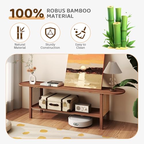 HollyHOME Bamboo TV Stand with Storage for TVs up to 65", Modern Entertainment Center with Rattan Side, Accent TV Table with 2 Shelf, Media Console TV Stand for Living Room, Bedroom, Walnut - color: Walnut Rattan Side