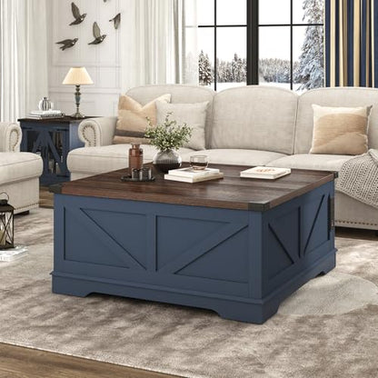 Hlivelood 40” Large Farmhouse Lift Top Coffee Table with Power Outlets and Large Hidden Storage, Square Wood Living Room Tables, Multi-Function Lift Wooden Barn Door Center Table, Blue - color: Blue