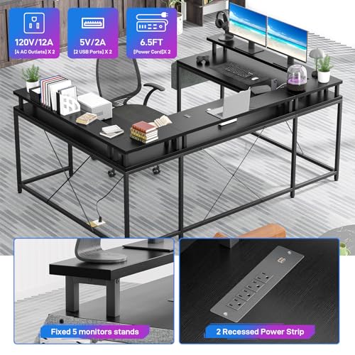 GarveeHome U Shaped Desk with Power Outlets & LED Lights, 79 in Reversible L Shaped Desk, Corner Computer Desk Office Desk with Full Monitor Stand, Black