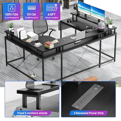 GarveeHome U Shaped Desk with Power Outlets & LED Lights, 79 in Reversible L Shaped Desk, Corner Computer Desk Office Desk with Full Monitor Stand, Black
