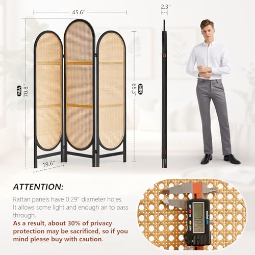 3 Panel Rattan Room Divider Screen, Boho Folding Privacy Screen | Decorative Room Divider Panel, Foldable Boho Wood Room Partition, Portable Wall Divider for Room Separation Indoor, Black - color: 3 Panels Black, size: 3 Panels