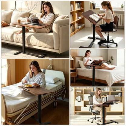 Adjustable Overbed Table with Wheels, Rolling Laptop Table for Bed & Sofa | Height Adjustable 26.38"-42.52" Hospital Bed Table with Tilt Tray for Laptop, Eating, Working, Reading & Home Office - color: Brown