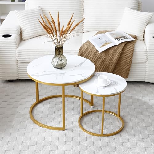 24" Marble Pattern Accent Side Table, Modern Nesting Side Tables with Metal Frame, Space-Saving Nesting Coffee Table Set for Living Room Apartment, White+Gray - color: White+gray