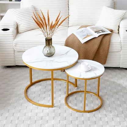 24" Marble Pattern Accent Side Table, Modern Nesting Side Tables with Metal Frame, Space-Saving Nesting Coffee Table Set for Living Room Apartment, White+Gray - color: White+gray