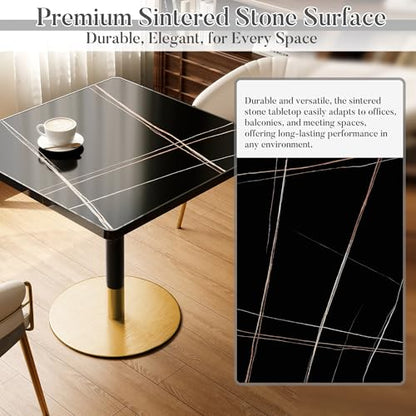 31.5'' Tulip Table, Square Dining Table with Sintered Stone Tabletop | Black Aluminum Alloy Edge & Gold Pedestal, Bistro Table for Dining Room/Café/Small Spaces/Restaurant (Black Gold Vein) - color: Black Gold Vein (Black Edge), size: Square