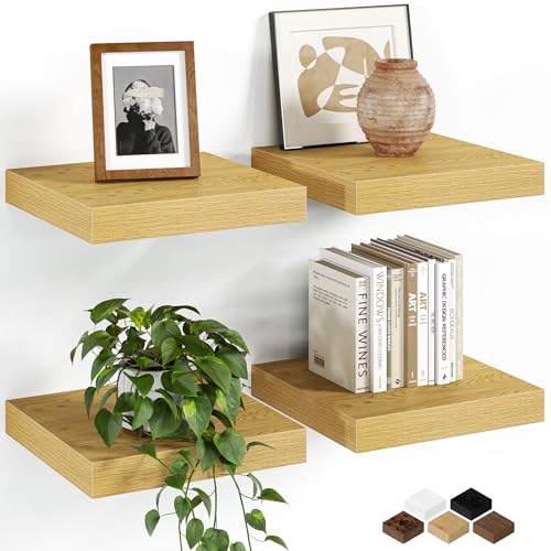 Fun Memories Floating Shelves for Wall, 9.3 Inch Set of 4 Rustic Wood Wall Shelves with Invisible Brackets, Heavy Duty Storage Display for Bathroom Bedroom Living Room Kitchen, Oak - color: Oak, size: 9.3"D x 9.3"L - 2Pack