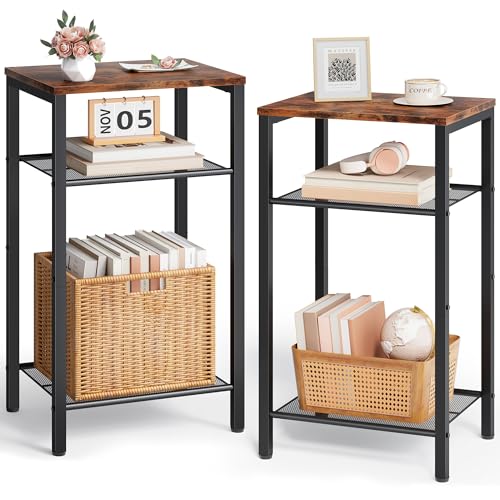 Hoctieon 2-Set 3 Tier End Table, Telephone Table Set of 2, Tall Side Table with Storage Set of 2, Small Nightstand for Small Spaces, Metal Frame, for Living Room, Bedroom, Sofa Couch, Rustic Brown - color: Rustic Brown, size: 2 Pack