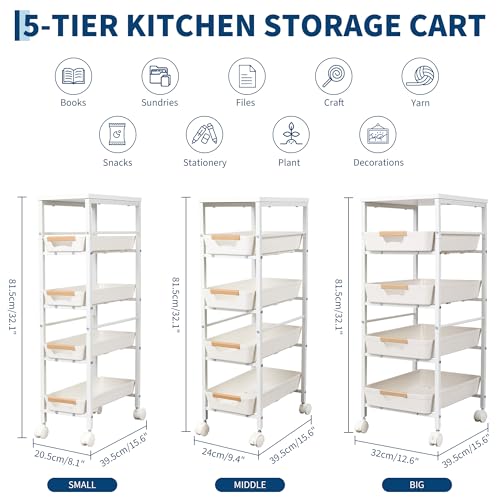 Garvee 5-Tier Slim Rolling Storage Cart, 8.1" Wooden Top Narrow Kitchen Carts on Wheels with Pull-Out Baskets, Mobile Shelving Unit Organizer for Kitchen, Bathroom, Laundry Room, Small Spaces