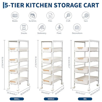Garvee 5-Tier Slim Rolling Storage Cart, 8.1" Wooden Top Narrow Kitchen Carts on Wheels with Pull-Out Baskets, Mobile Shelving Unit Organizer for Kitchen, Bathroom, Laundry Room, Small Spaces